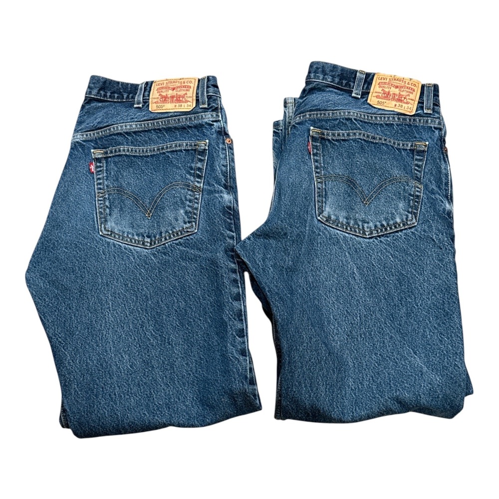 Levis 505 Regular Fit Blue Jeans Mens 38x34 Straight Leg Denim Lot of 2 READ